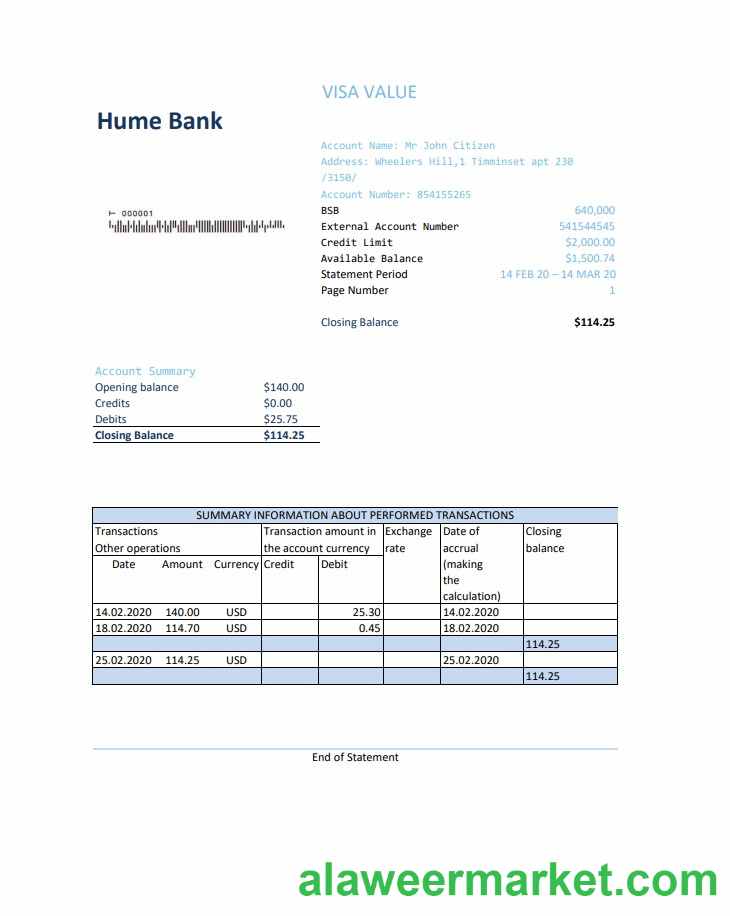 Australia Humebank bank statement easy to fill template in Excel and PDF format
